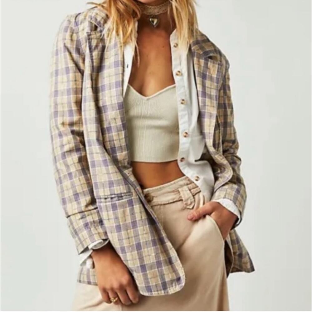 We the Free People Plaid Beckett Boyfriend Blazer‎ Sz XS Light Academia Preppy